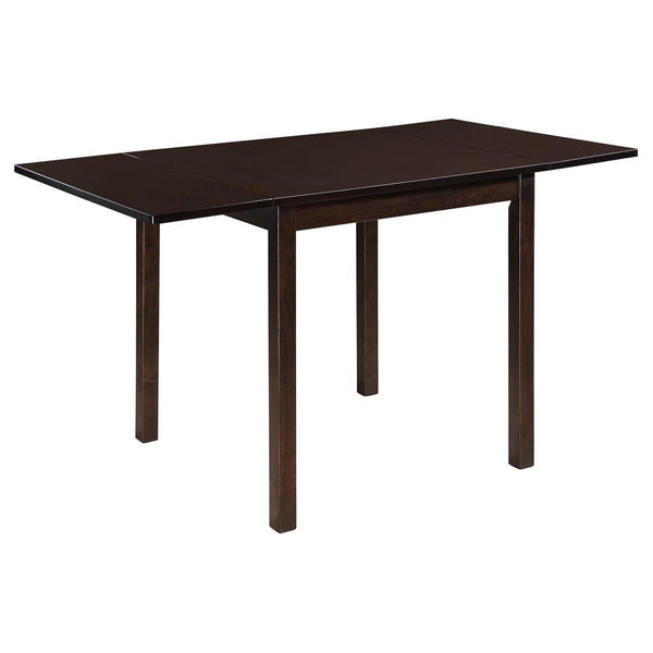 Perfect for a small dining room or kitchen nook, this cappuccino dining table features a classic silhouette. The rich and deep finish warms up even the most neutral of spaces. Fold up the table ends to accommodate for guests, or leave them down for a stun