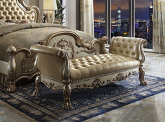 The Dresden Bench brings elegant and traditional design into your living room. A hand-crafted piece inspired from the luxurious designs of the past, this stunning piece has a crackled gold patina and bone finish richly accented with gold leaf brushed onto