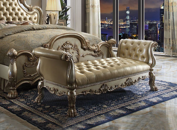 The Dresden Bench brings elegant and traditional design into your living room. A hand-crafted piece inspired from the luxurious designs of the past, this stunning piece has a crackled gold patina and bone finish richly accented with gold leaf brushed onto