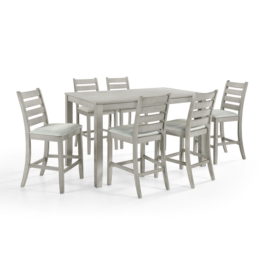 Discover the Pascal 7 Piece Counter Height Dining Room Set in Driftwood Gray, featuring a wood counter dining table and six counter chairs. This set is crafted from a durable combination of solid Rubberwood and manufactured woods, ensuring long-lasting qu