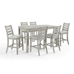 Discover the Pascal 7 Piece Counter Height Dining Room Set in Driftwood Gray, featuring a wood counter dining table and six counter chairs. This set is crafted from a durable combination of solid Rubberwood and manufactured woods, ensuring long-lasting qu