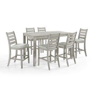 Discover the Pascal 7 Piece Counter Height Dining Room Set in Driftwood Gray, featuring a wood counter dining table and six counter chairs. This set is crafted from a durable combination of solid Rubberwood and manufactured woods, ensuring long-lasting qu