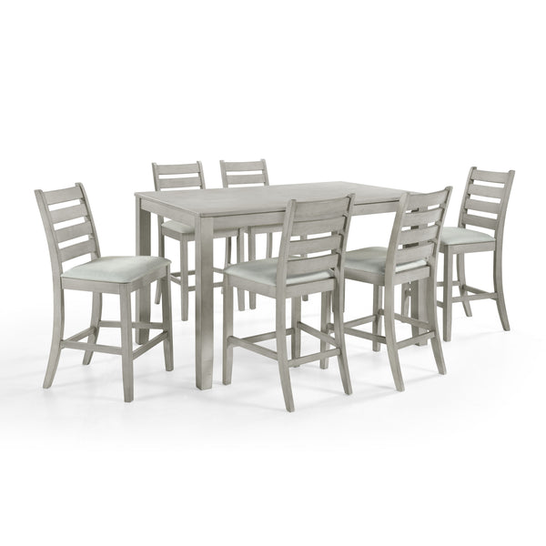 Discover the Pascal 7 Piece Counter Height Dining Room Set in Driftwood Gray, featuring a wood counter dining table and six counter chairs. This set is crafted from a durable combination of solid Rubberwood and manufactured woods, ensuring long-lasting qu