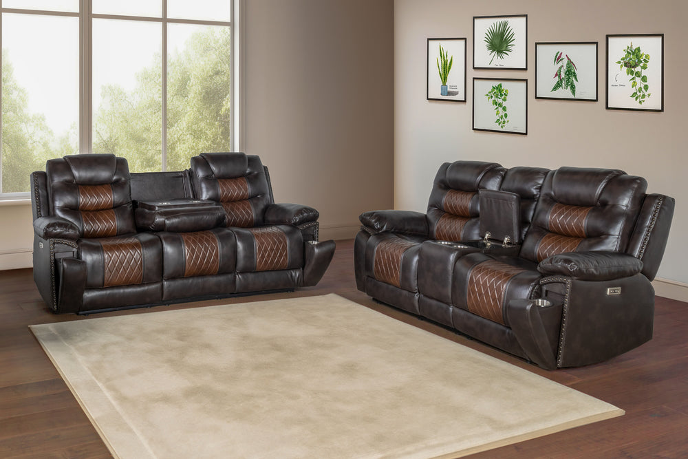 Upgrade your living space with the Nikko 2 Piece Power Motion Upholstery Set, featuring a dual reclining sofa and console loveseat with power footrests and hidden cup holders. This stylish set includes a sofa and console loveseat, both constructed with ha