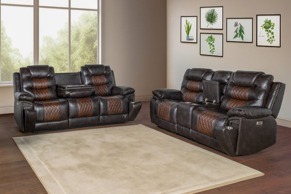  featuring a dual reclining sofa and console loveseat with power footrests and hidden cup holders. This stylish set includes a sofa and console loveseat