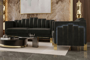 The Empire 2-Piece Living Room Set in sleek black, includes a 3 Seat Sofa and 2 Seat Loveseat and is a luxurious addition to your home. Crafted with frames of eco-friendly manufactured wood, this set ensures strength and durability for years to come. Upho