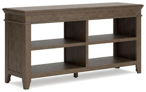 Make a style statement with this home office credenza. Its traditional design is updated with an on-trend weathered gray finish and wire-brushed texture. The credenza-'s open storage and adjustable shelving add up to a well-organized workspace.<br><br><b>