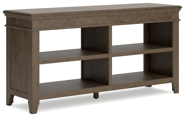 Make a style statement with this home office credenza. Its traditional design is updated with an on-trend weathered gray finish and wire-brushed texture. The credenza-'s open storage and adjustable shelving add up to a well-organized workspace.<br><br><b>