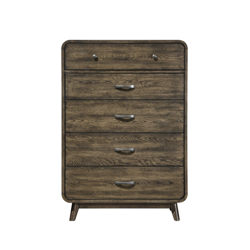 The Rex 5 Drawer Chest in Walnut Brown is a blend of durability and mid-century modern style, perfect for enhancing your bedroom decor. This chest includes five drawers and is crafted from solid rubberwood, manufactured woods, and oak veneers, ensuring su