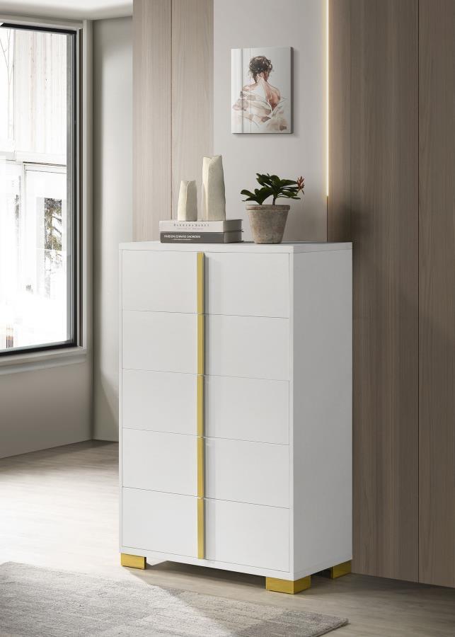 Minimalism never looked so elegant as it does in this elegant five-drawer chest, an excellent option for your updated bedroom ensemble. Modern design details produce a chic vertical chest with an Art Deco vibe and tons of storage space. Made of wood produ