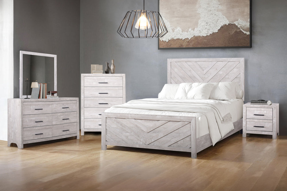 Introducing the Biscayne 5 Piece Bedroom Set, a comprehensive ensemble featuring a stylish bed, 6-drawer dresser, mirror, 5-drawer chest, and 2-drawer nightstand. Crafted with durable manufactured wood and finished with Eco-Friendly laminated surfaces, th