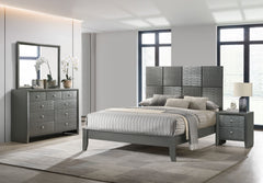 This bedroom collection is the embodiment of sleek, contemporary design, characterized by its rich gunmetal finish and distinctive textured front panels. The centerpiece, a chic bed with a statement headboard, features geometric paneling that adds depth a