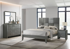 This bedroom collection is the embodiment of sleek, contemporary design, characterized by its rich gunmetal finish and distinctive textured front panels. The centerpiece, a chic bed with a statement headboard, features geometric paneling that adds depth a