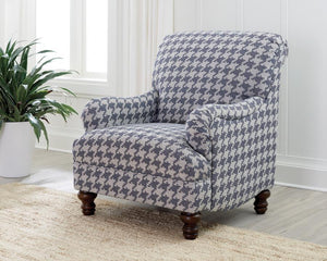  this chair impresses with a blue and light grey upholstered cover. A solid wood f