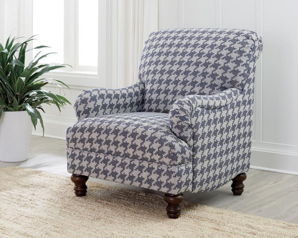  this chair impresses with a blue and light grey upholstered cover. A solid wood f