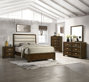 This bedroom collection epitomizes timeless elegance with its classic design and rich, warm wood tones. The set features a plush, upholstered bed frame that provides a comfortable, luxurious focal point. Complementing the bed are a tall chest of drawers a