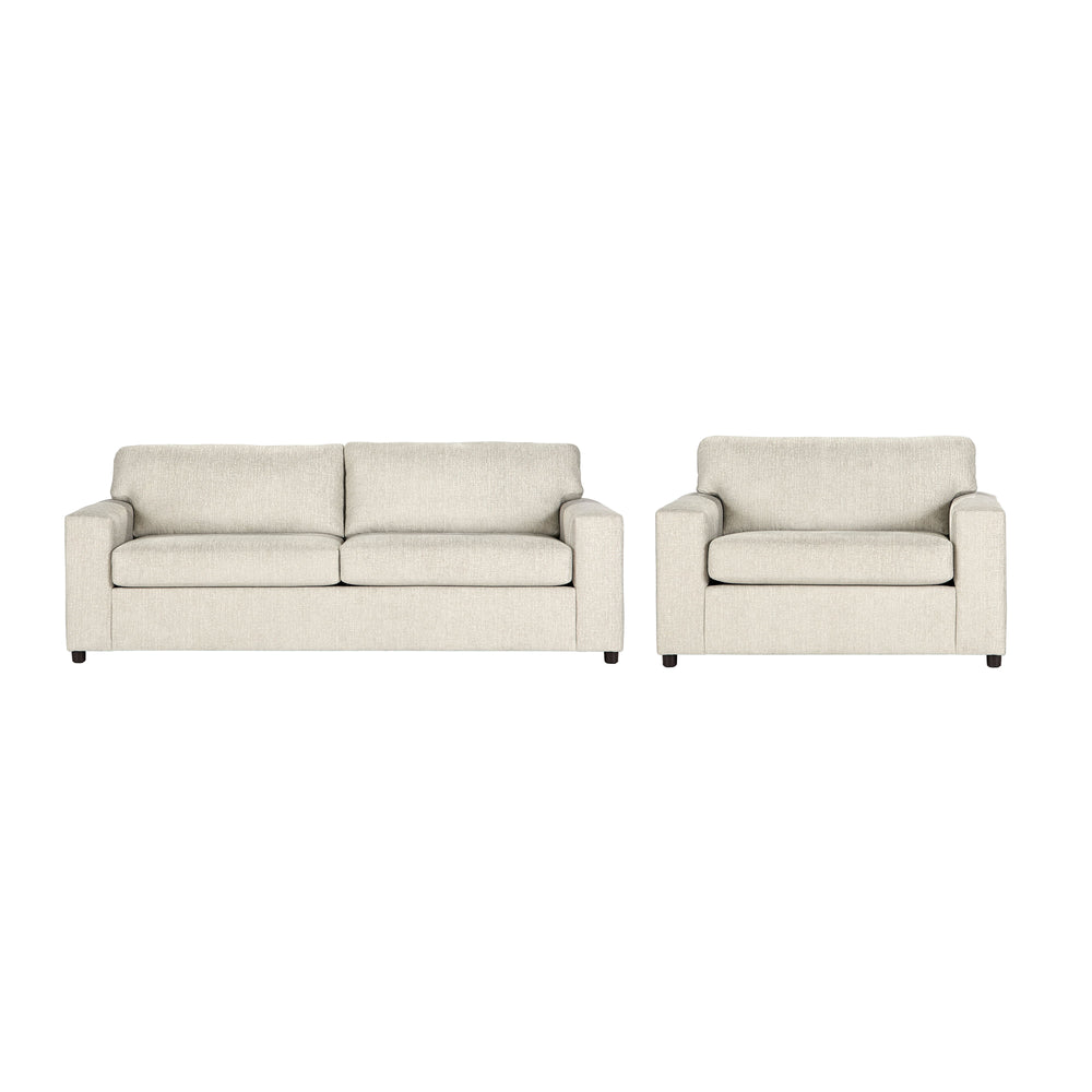 Introducing the Kylo 2 Piece Sofa and Cuddle Chair Set, a versatile and cozy addition to any living space. Crafted with 100% polyester natural chiffon beige easy-care fabric, this transitional set is at home in any dÃ©cor. Both pieces feature square arms 
