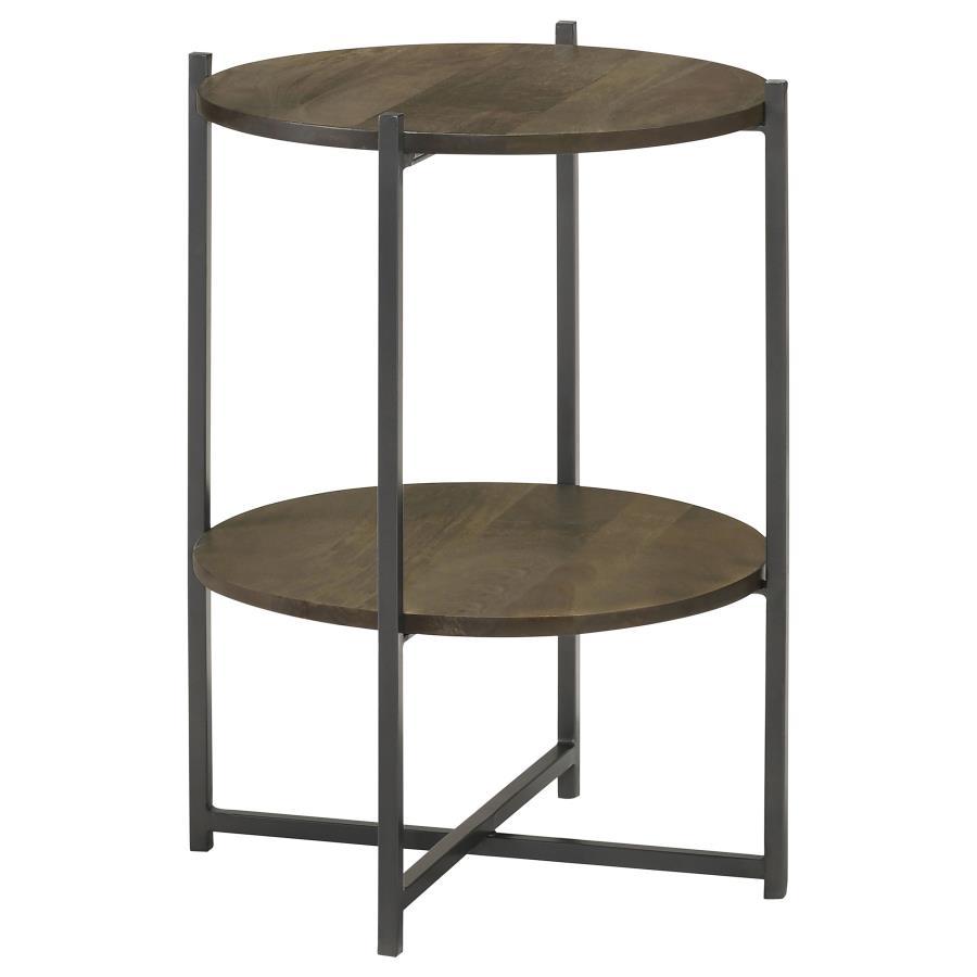 Blending modern simplicity with functional design, this two-tier round accent table is a versatile addition to any space. Crafted from eco-friendly solid mango wood, the natural-finish tabletops bring warmth and organic charm, while the sleek gunmetal-fin