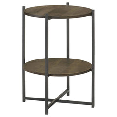 Blending modern simplicity with functional design, this two-tier round accent table is a versatile addition to any space. Crafted from eco-friendly solid mango wood, the natural-finish tabletops bring warmth and organic charm, while the sleek gunmetal-fin