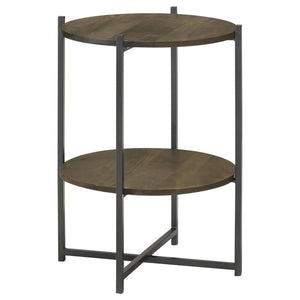 Blending modern simplicity with functional design, this two-tier round accent table is a versatile addition to any space. Crafted from eco-friendly solid mango wood, the natural-finish tabletops bring warmth and organic charm, while the sleek gunmetal-fin