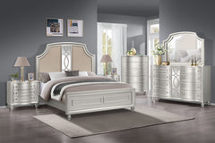 Presenting the Reflection 6 Piece Bedroom Set in Silver, a harmonious ensemble featuring a captivating bed, an expansive 8-drawer dresser, a sleek mirror, a functional 5-drawer chest, and two convenient 3-drawer nightstands. Crafted with precision from so