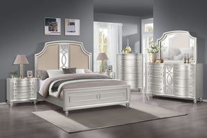 Presenting the Reflection 6 Piece Bedroom Set in Silver, a harmonious ensemble featuring a captivating bed, an expansive 8-drawer dresser, a sleek mirror, a functional 5-drawer chest, and two convenient 3-drawer nightstands. Crafted with precision from so