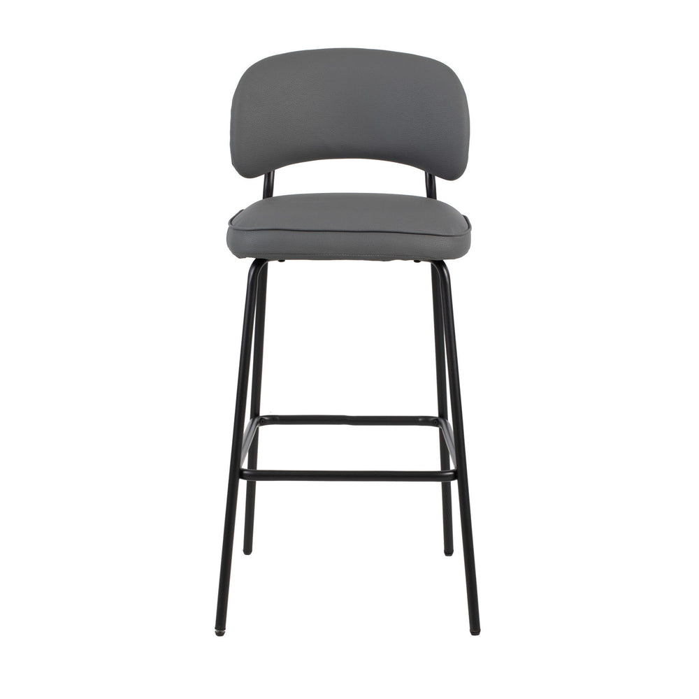 The Blythe Gray Faux Leather Bar Chair set delivers a perfect blend of style and function, making it an excellent choice for any modern space. Each set includes two bar chairs with a sleek, arched back and low profile that brings a contemporary touch to y