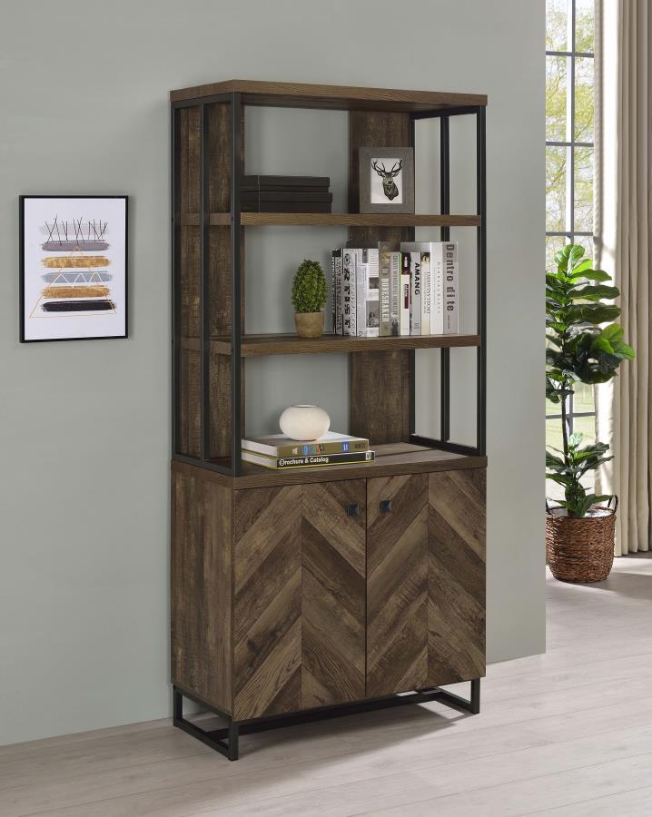 Compact and vertical, this bookcase is perfect for storing your home library collection. Designed with a rustic oak finish and a diagonal-like herringbone pattern that catches the eye. Accented by a slim and sturdy heavy gauge steel frame in a gunmetal po