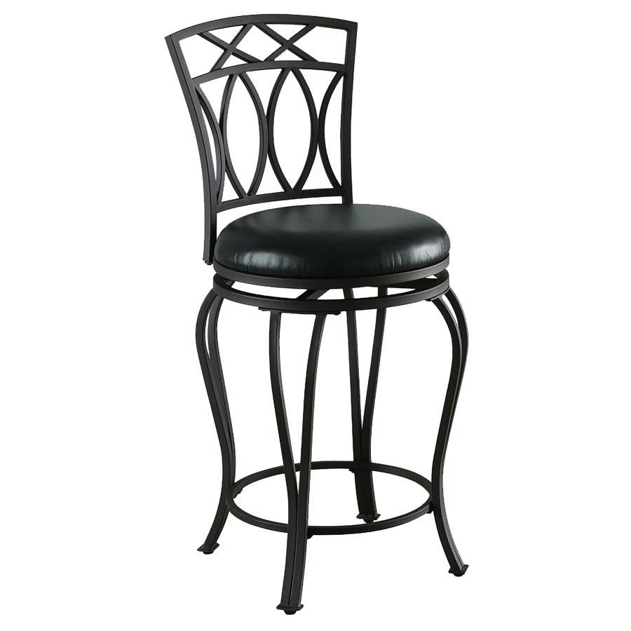 Casual, transitional style highlights this metal swivel counter stool. Perfect for an inviting kitchen island, the stool boasts a rich black finish. Coordinating black faux leather maintains a rich appearance while offering a surface that-'s easy to wipe 
