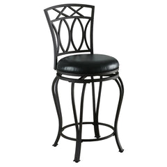 Casual, transitional style highlights this metal swivel counter stool. Perfect for an inviting kitchen island, the stool boasts a rich black finish. Coordinating black faux leather maintains a rich appearance while offering a surface that-'s easy to wipe 