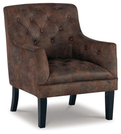This accent chair with fashion-forward high leg silhouette gives a new meaning to traditional. Diamond button tufting garnishes the back and the plump seat. Distressed fabric with the look of quality leather adds a classic touch that you can appreciate. M