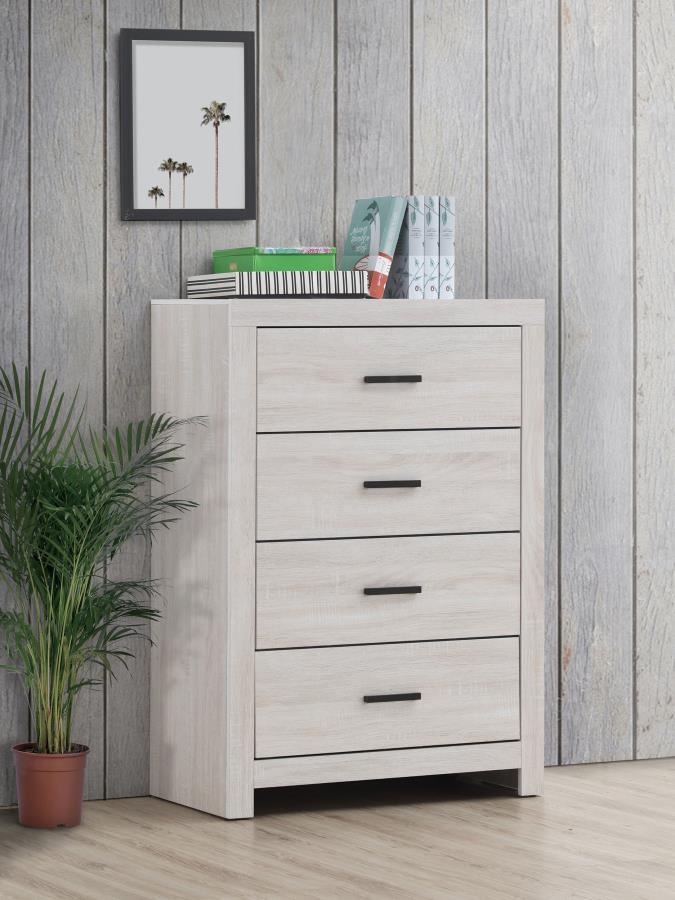 This four-drawer chest combines modern style with practical storage. Its clean-lined frame complements contemporary spaces, while four spacious drawers provide ample room for clothing, linens, and accessories. Crafted from engineered wood with a durable l