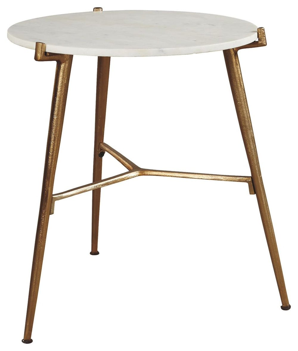 Take a stance for clean, contemporary style with this accent table. Its round white marble top is paired with an antiqued goldtone tripod base. The result: an ultra-rich aesthetic priced to entice.<br/><br/><b>Product Features</b><ul><li>White marble tabl