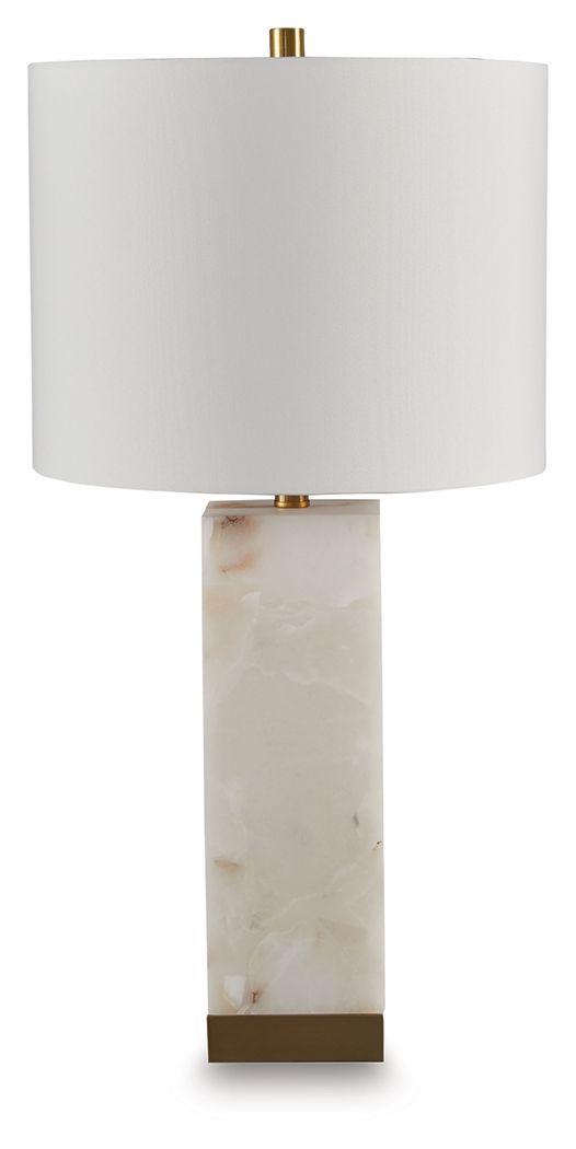 The grandeur and timeless beauty of this contemporary table lamp make it an instant focal point. Made of alabaster with rich goldtone metal accents, the piece makes a style statement whether it-'s sitting pretty atop an end table or flanking the sofa.<br>