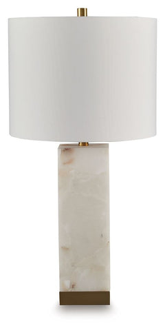 The grandeur and timeless beauty of this contemporary table lamp make it an instant focal point. Made of alabaster with rich goldtone metal accents, the piece makes a style statement whether it-'s sitting pretty atop an end table or flanking the sofa.<br>