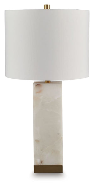 The grandeur and timeless beauty of this contemporary table lamp make it an instant focal point. Made of alabaster with rich goldtone metal accents, the piece makes a style statement whether it-'s sitting pretty atop an end table or flanking the sofa.<br>