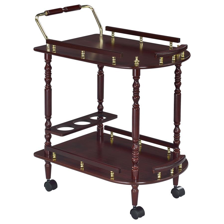 This classy serving cart will look at home in either your formal dining room or rec room. It features a handle pushing and top roomy top shelf for a cheese plate and two snifters of cognac. Bottom shelf includes a bottle holder for three bottles of your f