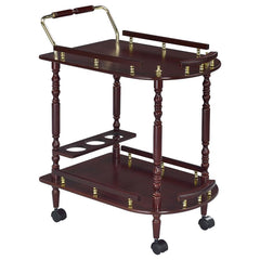 This classy serving cart will look at home in either your formal dining room or rec room. It features a handle pushing and top roomy top shelf for a cheese plate and two snifters of cognac. Bottom shelf includes a bottle holder for three bottles of your f