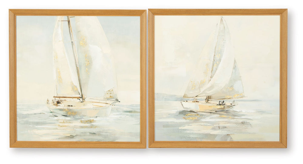 The quiet beauty of sailboats gliding across the water is expertly captured in this wall art set. Soft, dreamy colors and graceful brush strokes evoke a sense of calm and relaxation. Whether they-'re hung together or separately, these beautifully framed c