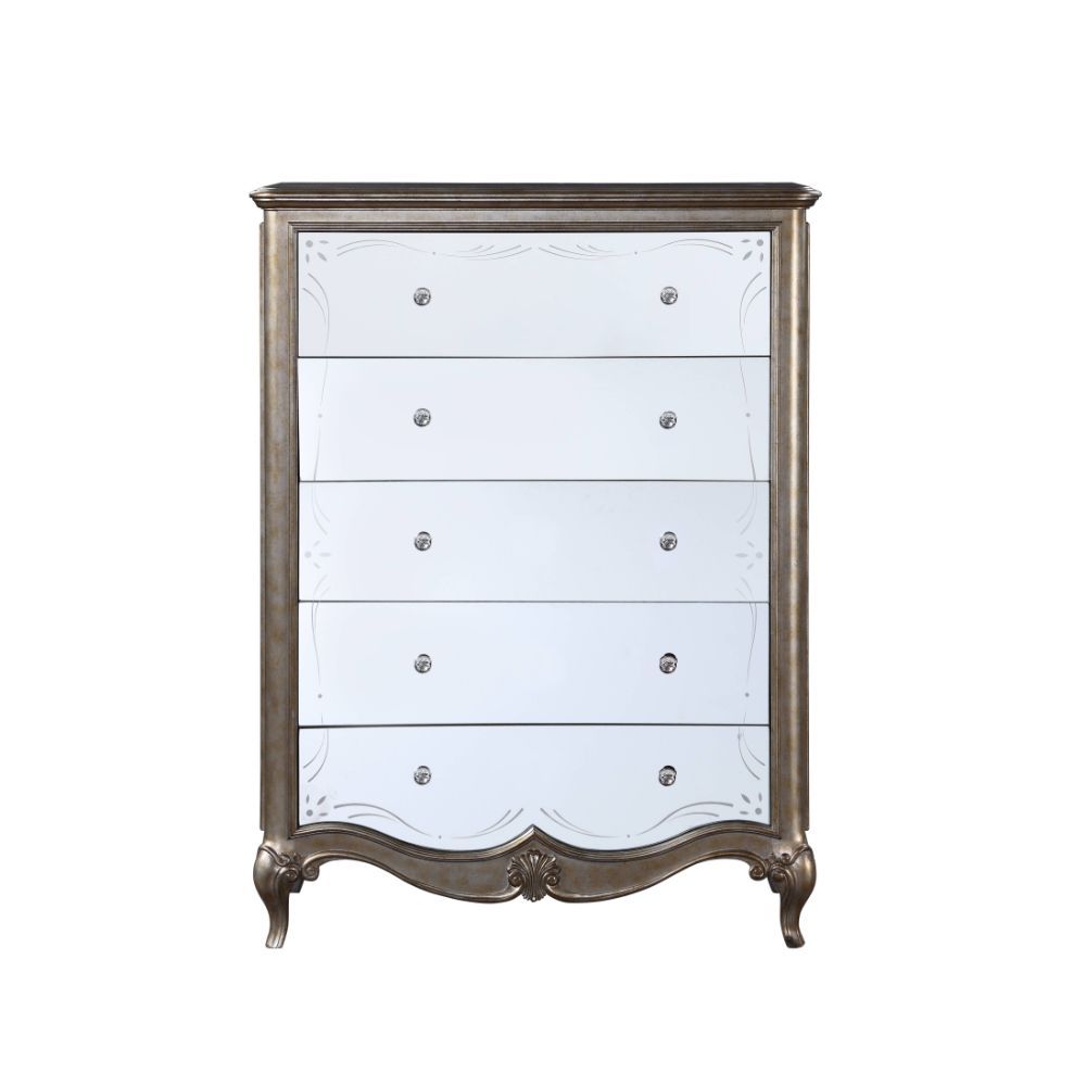 5 Drw Drawer: Mirrored Fronts, Glide) Side Metal (Full Ext.), Dovetail) English Front & Back, Felt Lined) Top Drawer, Safety Stop Included, Manual-Close, Hardware: Single Crystal-like Pull-Knob CONSTRUCTION] Wooden Case-Leg: (Poplar), MDF, PB, MOLDING TRI