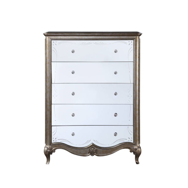 5 Drw Drawer: Mirrored Fronts, Glide) Side Metal (Full Ext.), Dovetail) English Front & Back, Felt Lined) Top Drawer, Safety Stop Included, Manual-Close, Hardware: Single Crystal-like Pull-Knob CONSTRUCTION] Wooden Case-Leg: (Poplar), MDF, PB, MOLDING TRI