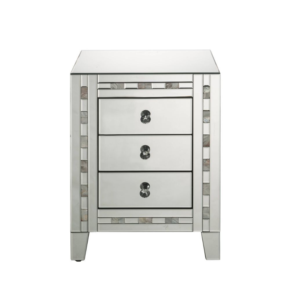 Style and storage abound in the pretty and practical design of the Nasa Side Table. Three drawers offer plentiful enclosed storage for remotes, magazines, or any other items you prefer to keep close at hand. Its three drawers boast crystal knobs and frame
