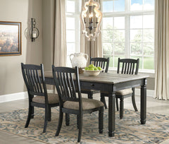 Unique two-tone finish with a combination of Oak and Acacia substrates combining a trendy textured antique black color with table and server tops finished in a textural weathered oak finish. Rectangular dining table features six convenient drawers for sto