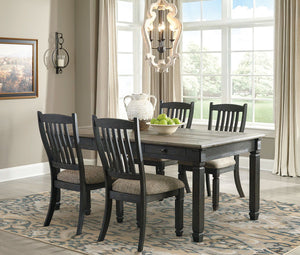 Unique two-tone finish with a combination of Oak and Acacia substrates combining a trendy textured antique black color with table and server tops finished in a textural weathered oak finish. Rectangular dining table features six convenient drawers for sto