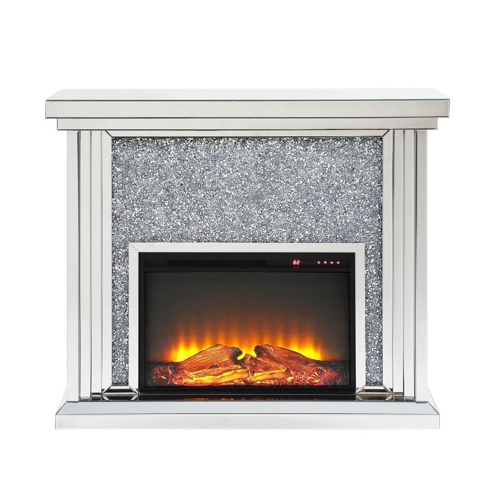 The Noralie fireplace is a gorgeous addition to any sitting or living room. The electric fireplace boasts of fully mirrored fronts and sides, between a fully mirrored top and base. The fireplace features a large front mirror face with faux diamonds insert