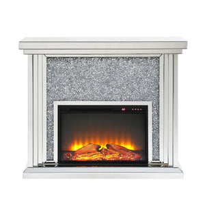  between a fully mirrored top and base. The fireplace features a large front mirror face with faux diamonds insert