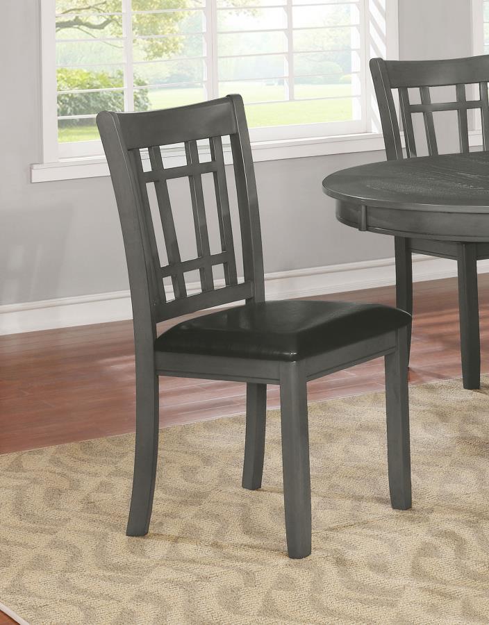 A combination of vertical and horizontal slats creates a window pane effect for this charming transitional dining chair. An armless silhouette is a versatile choice for relaxed, everyday living. The chair boasts a medium grey finish over Asian hardwood co