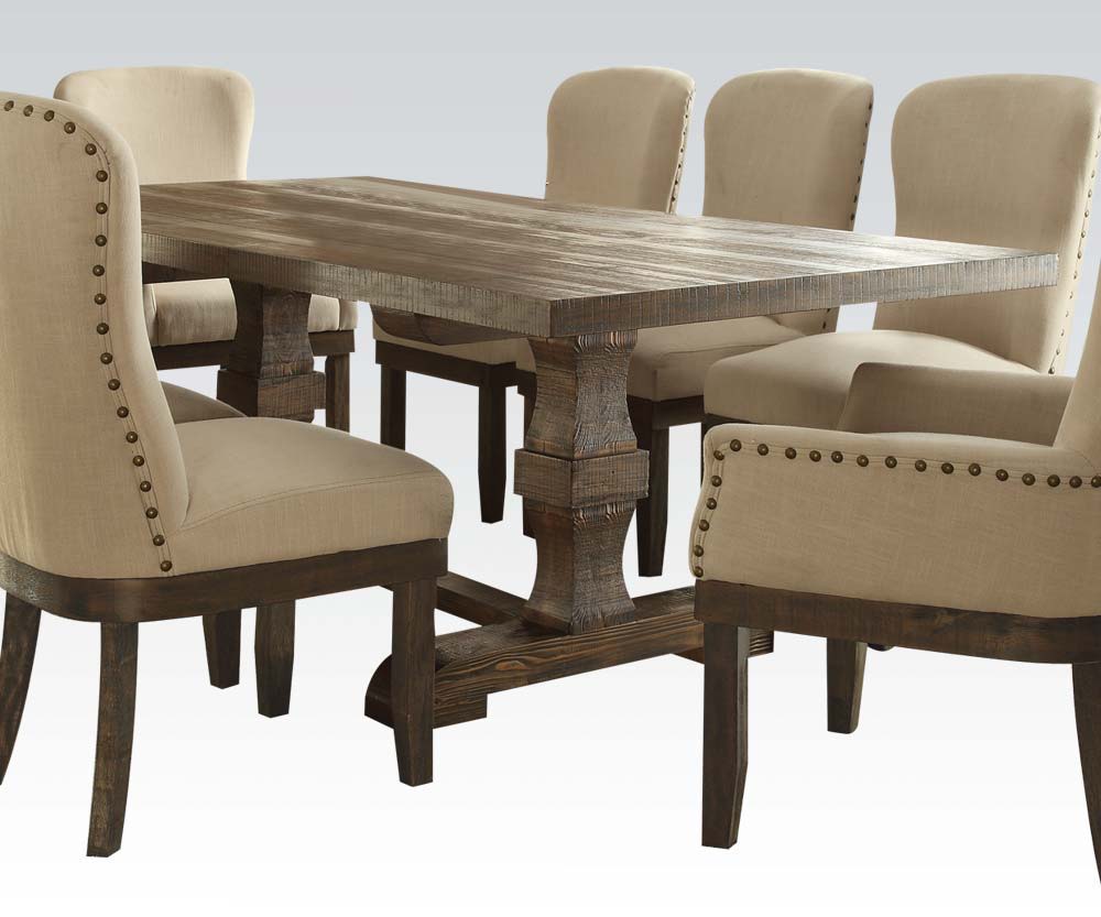 The Landon collection will help you create a sophisticated and distinctive dining area in your home. Made of solid hardwoods with distressed veneer, combines a bold table top finish with a trestle table stand. The Wingback chairs features gently curved ba