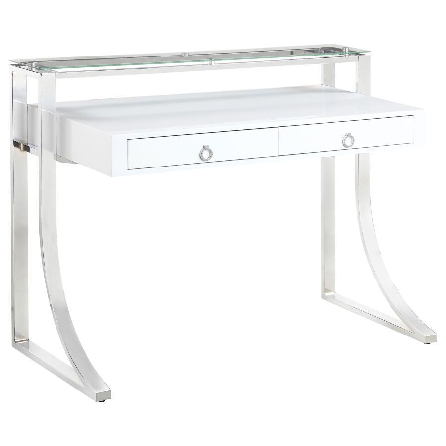 Add an edge of contemporary flair to any living space. This sleek, stylish writing desk exudes glamorous appeal. Its eye-catching frame is expertly crafted with a gracefully curved silhouette. Its gorgeous, glossy white surface blends appealingly with its