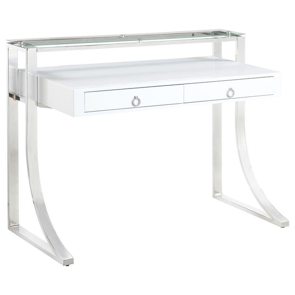 Add an edge of contemporary flair to any living space. This sleek, stylish writing desk exudes glamorous appeal. Its eye-catching frame is expertly crafted with a gracefully curved silhouette. Its gorgeous, glossy white surface blends appealingly with its
